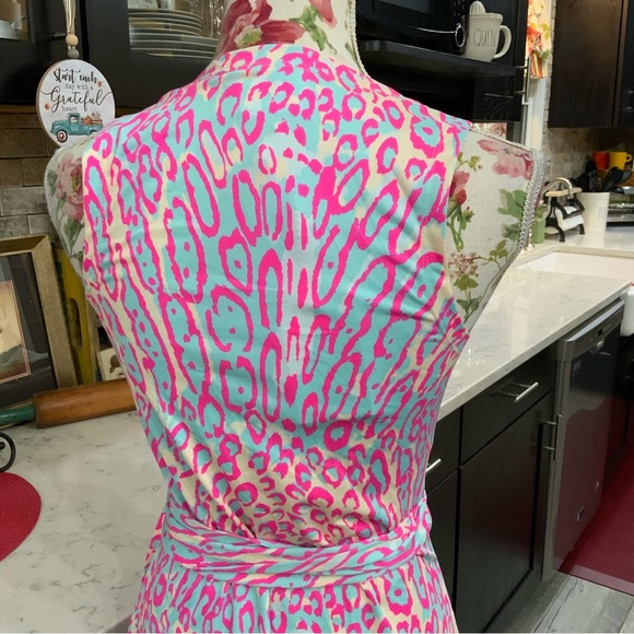 JB by Julie Brown Pink & Blue Lizzy Meow Leopard Print Wrap Dress XS New W/Tags - Picture 8 of 16
